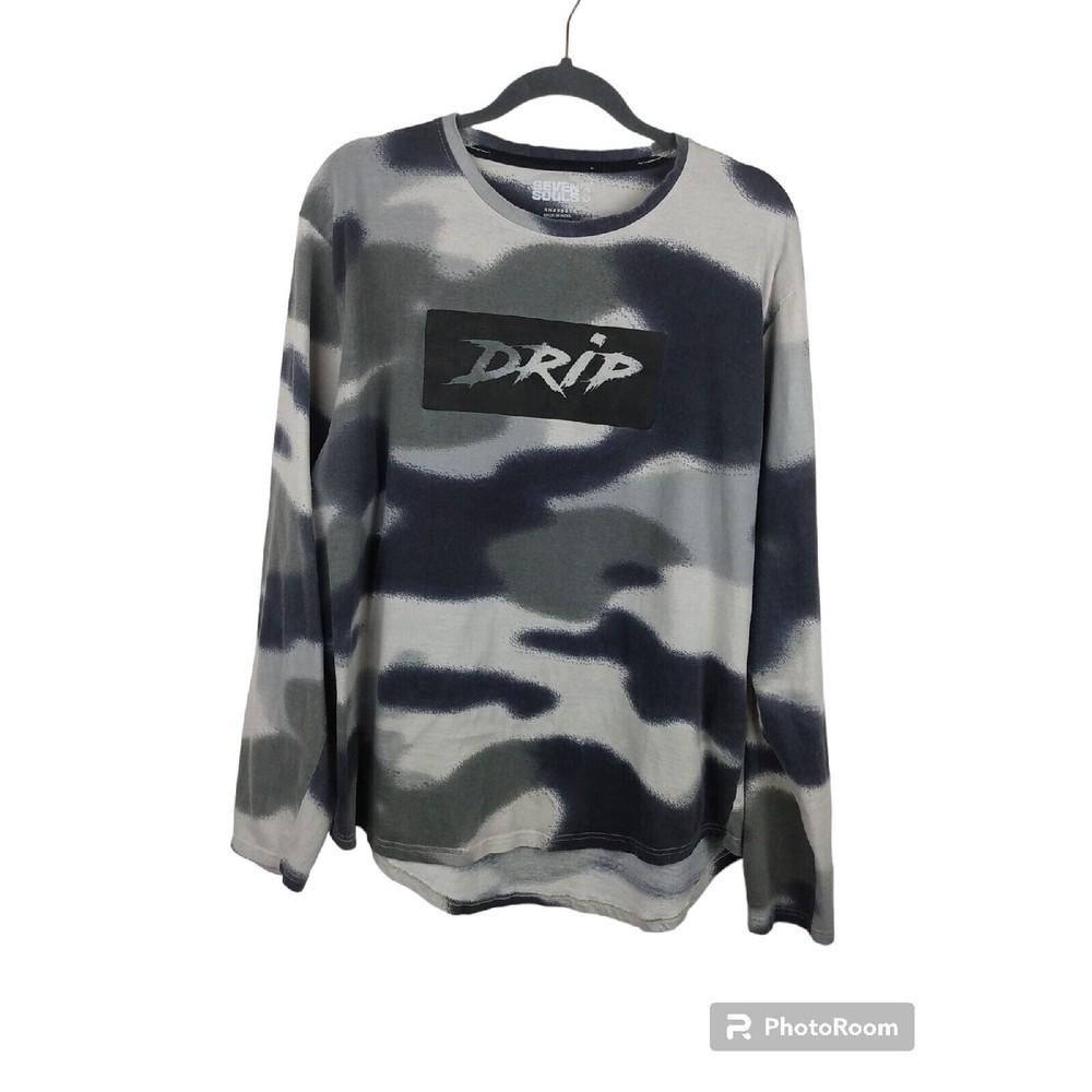 SEVEN SOULS DRIP Graphic Long Sleeve Shirt Blue Gray White Marble Camo Men's 3XL